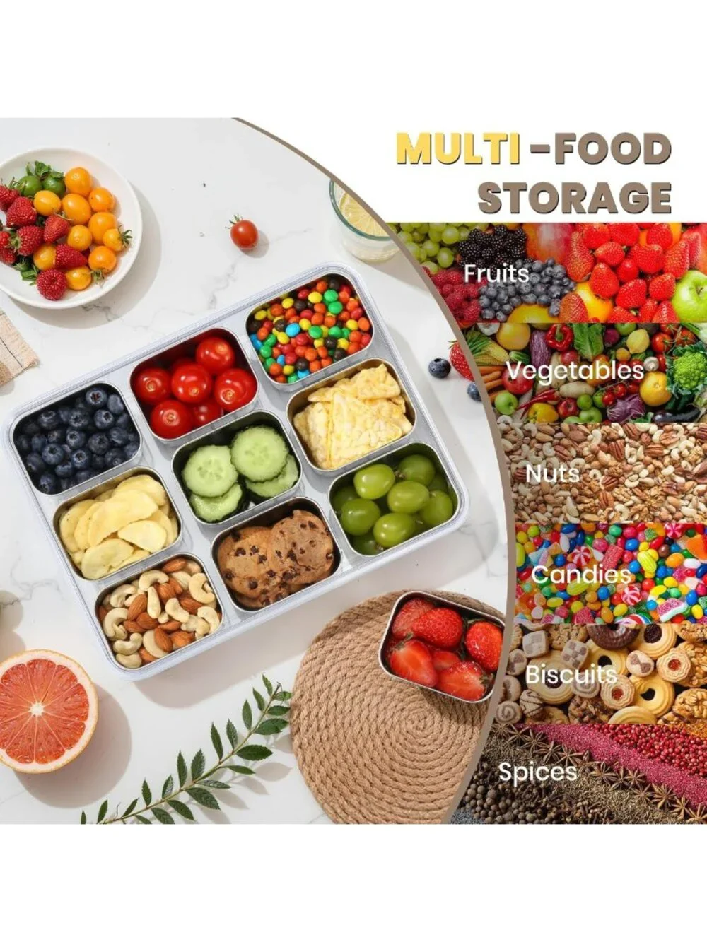 Portable Stainless Steel Snack Container with 9 Compartments & Lids - Perfect